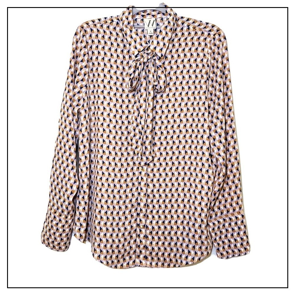 W‎ Worthington Blouse M Tunic Chiffon Button Scarf Neck Long Sleeve Retro Mod